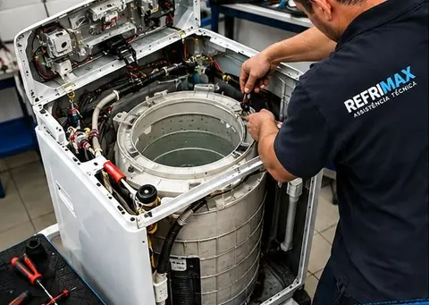 Técnico da Refrimax trabalhando em uma máquina de lavar