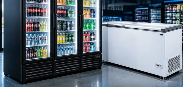 Visa coolers de três portas e freezer horizontal em um mercado
