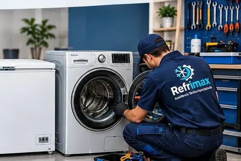 Técnico da Refrimax consertando uma lava e seca na casa do cliente